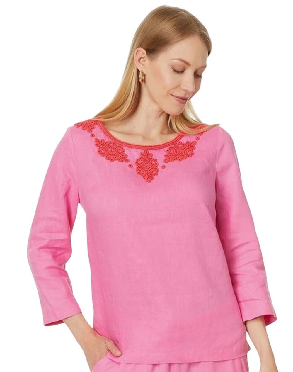 Lilly Pulitzer Women's Elyn Beaded 3/4 Sleeve Linen Pink Top Size 16